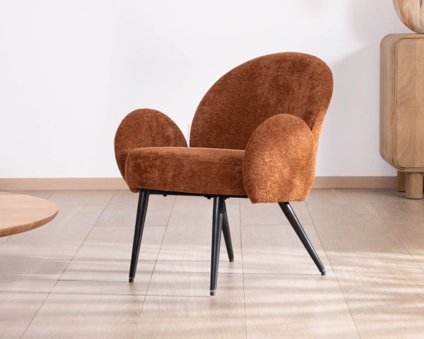 Fauteuil esprit rétro avec accoudoirs en tissu cuivré duveteux "Luno"