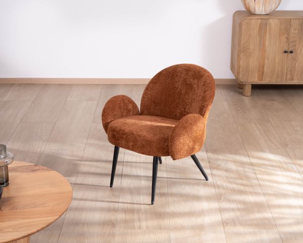 Fauteuil esprit rétro avec accoudoirs en tissu cuivré duveteux "Luno"