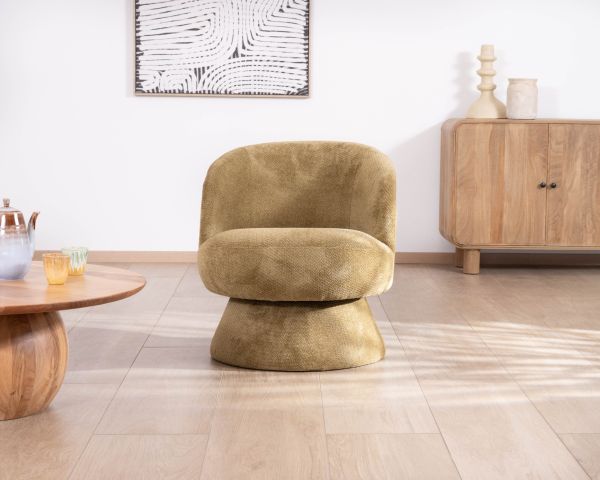 Chauffeuse design enveloppant sur pied 360° en tissu chenillé vert doré "Ladoga"