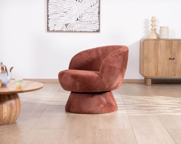 Fauteuil d'appoint pivotant en tissu chenillé terracotta "Ladoga" design enveloppant