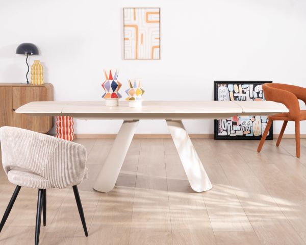 Table extensible 160 à 240 cm rétro chic "Amarello" en pierre frittée et métal champagne