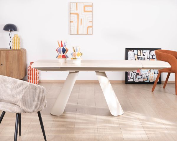 Table extensible 160 à 240 cm rétro chic "Amarello" en pierre frittée et métal champagne