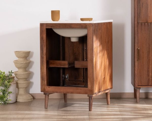 Petit meuble sous vasque en manguier foncé "Malova" 60 cm esprit rétro chic