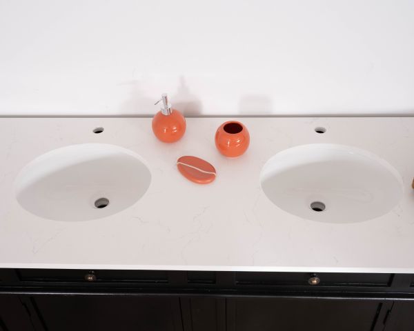 Meuble double vasque coins arrondis bois noir quartz blanc "Églantine"