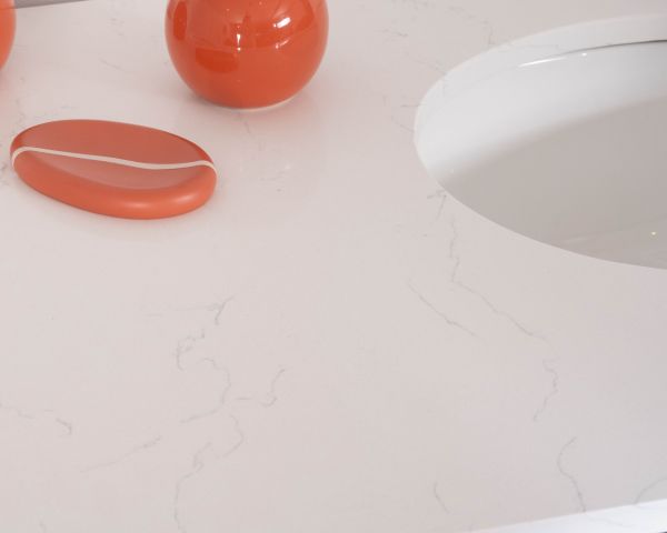 Meuble double vasque coins arrondis bois noir quartz blanc "Églantine"