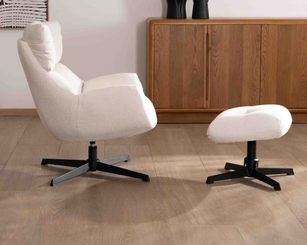 Fauteuil pivotant avec repose-pieds modulaire en tissu bouclette écru "Calista"