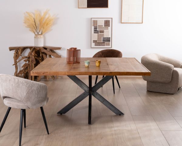 Table design carrée métal et bois massif "Bronx" 130x130cm