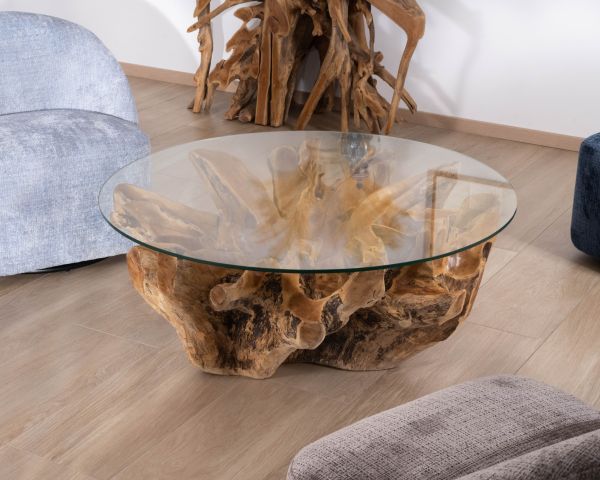 Table de salon ronde 110 cm en racine de teck massive avec plateau verre "Kanoa"