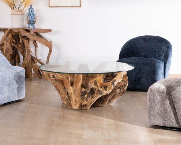Table de salon ronde 110 cm en racine de teck massive avec plateau verre "Kanoa"