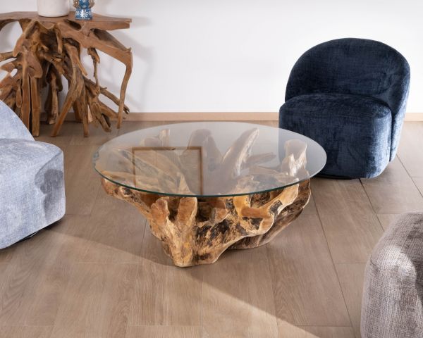 Table de salon ronde 110 cm en racine de teck massive avec plateau verre "Kanoa"