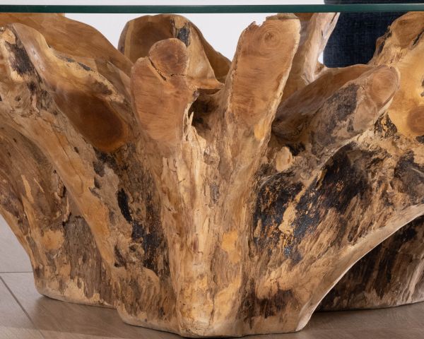 Table de salon ronde 110 cm en racine de teck massive avec plateau verre "Kanoa"