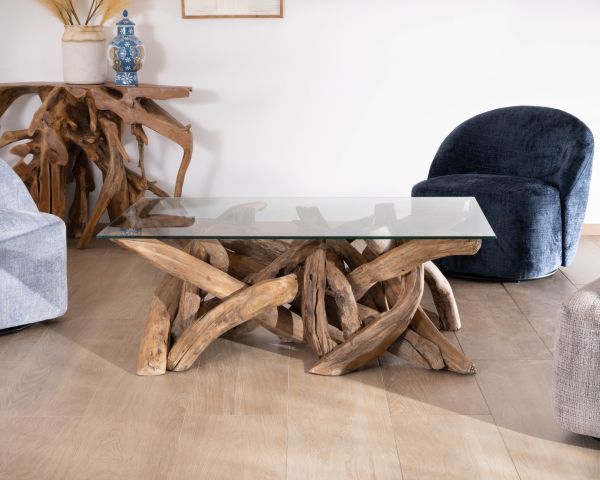 Table basse rectangulaire 120 cm en bois de teck recyclé avec plateau en verre "Kanoa"