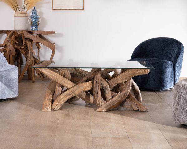 Table basse rectangulaire 120 cm en bois de teck recyclé avec plateau en verre "Kanoa"