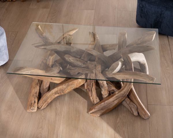 Table basse rectangulaire 120 cm en bois de teck recyclé avec plateau en verre "Kanoa"