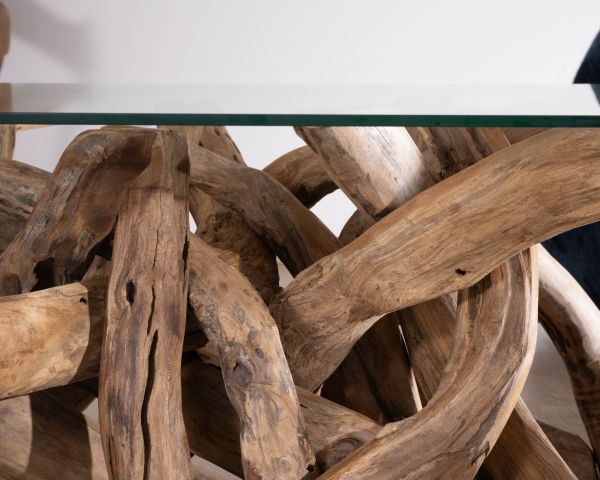 Table basse rectangulaire 120 cm en bois de teck recyclé avec plateau en verre "Kanoa"