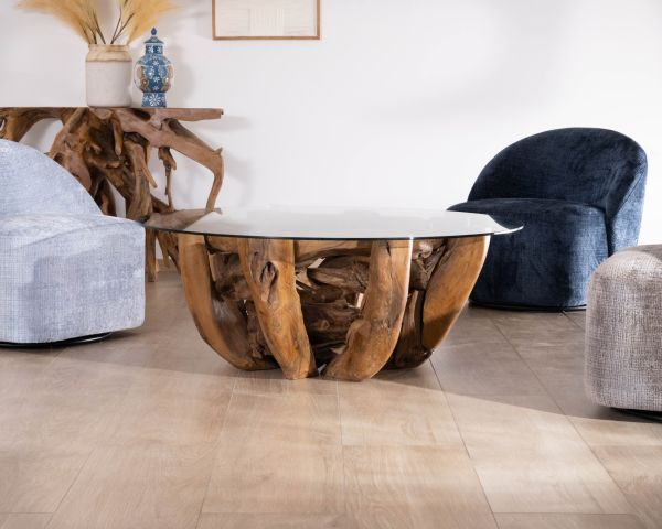 Table basse ronde en bois de teck flotté et plateau verre "Kanoa" 120 cm