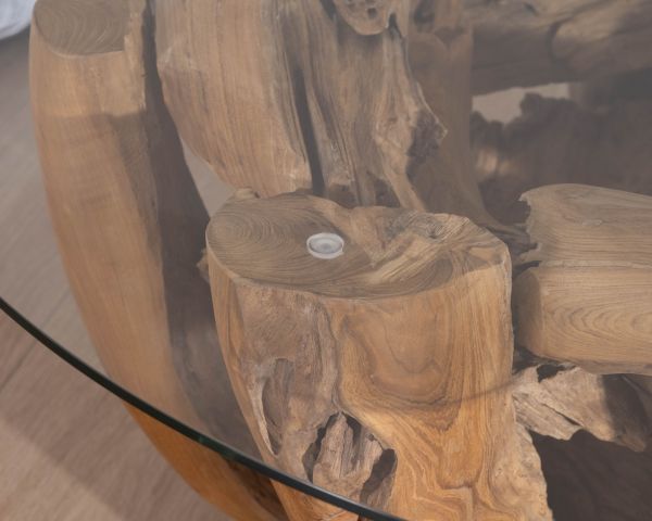 Table basse ronde en bois de teck flotté et plateau verre "Kanoa" 120 cm