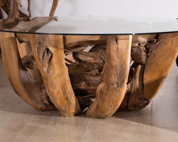 Table basse ronde en bois de teck flotté et plateau verre "Kanoa" 120 cm
