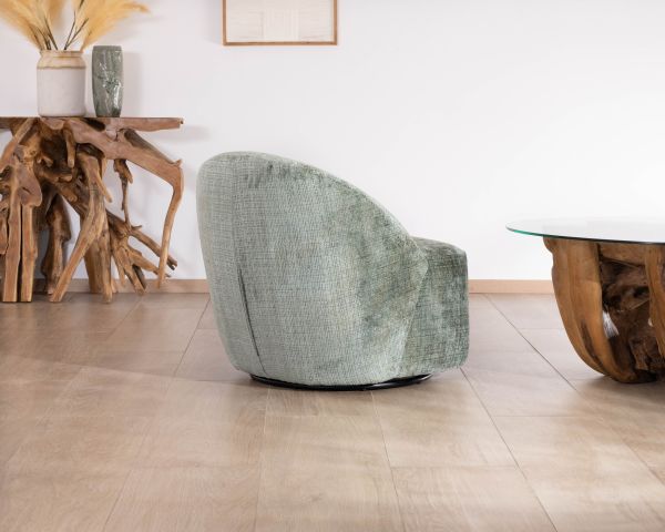 Chauffeuse pivotante en tissu bouclette soyeux vert sauge "Marylin"