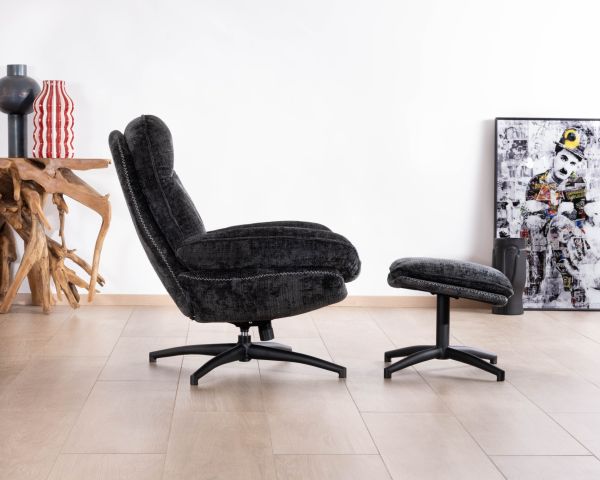 Fauteuil cosy rotatif design rétro en tissu gris "Branson" avec pouf