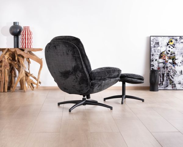 Fauteuil cosy rotatif design rétro en tissu gris "Branson" avec pouf