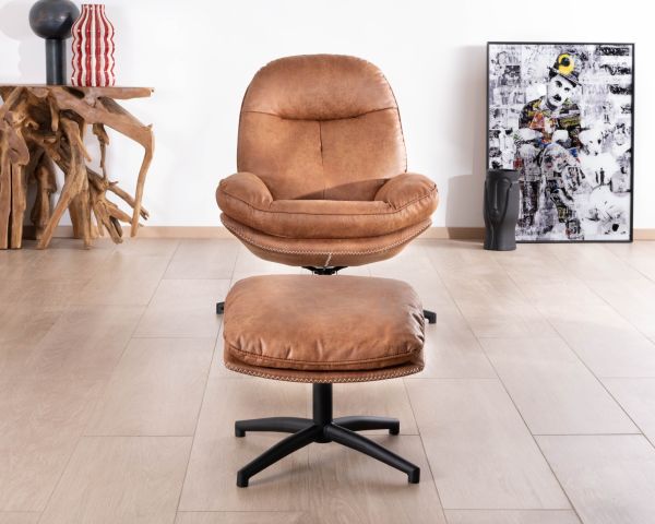 Fauteuil pivotant esprit rétro avec pouf en tissu microfibre coloris havane "Branson"