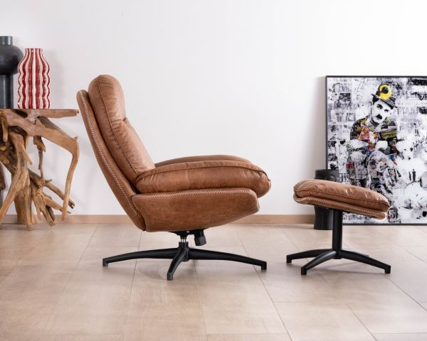 Fauteuil pivotant esprit rétro avec pouf en tissu microfibre coloris havane "Branson"