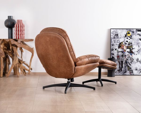 Fauteuil pivotant esprit rétro avec pouf en tissu microfibre coloris havane "Branson"
