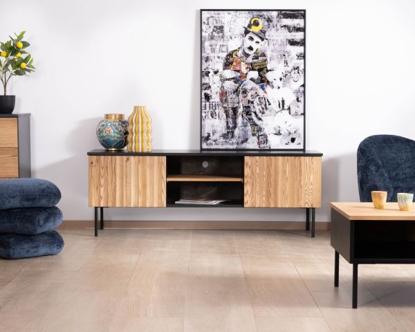 Banc TV 160 cm deux portes en frêne massif huilé "Sydney"