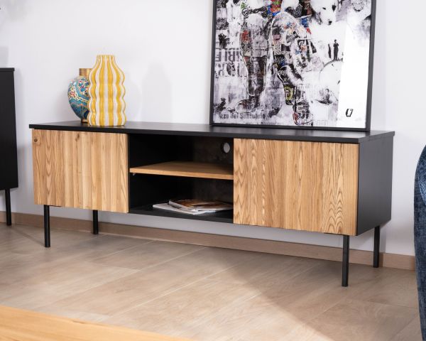 Banc TV 160 cm deux portes en frêne massif huilé "Sydney"