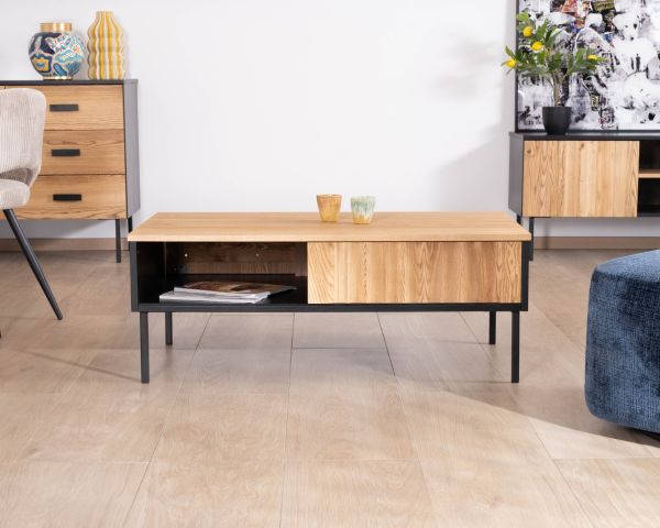Table basse esprit newtro en bois massif naturel et noir "Sydney" avec portes coulissantes