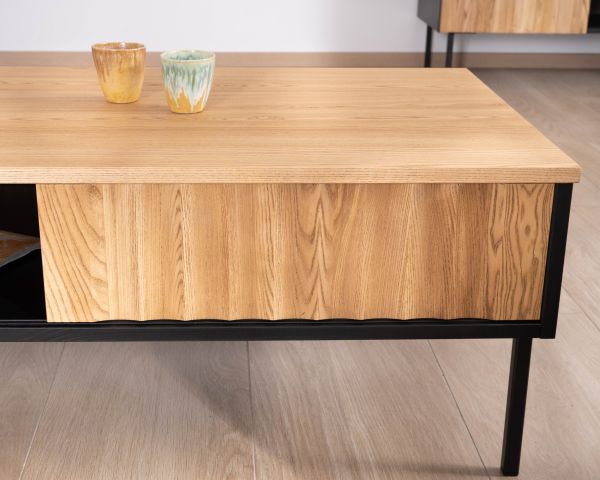 Table basse esprit newtro en bois massif naturel et noir "Sydney" avec portes coulissantes