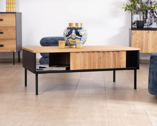 Table basse esprit newtro en bois massif naturel et noir "Sydney" avec portes coulissantes