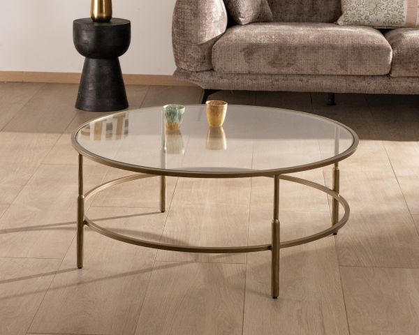 Table basse ronde 90 cm en laiton doré et plateau verre "Gilt Antique" style contemporain chic