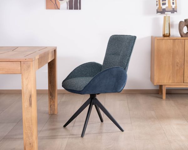 Lot de 2 chaises en tissu bi-texturé bleu foncé "Eddy" avec accoudoirs et pied métal pivotant