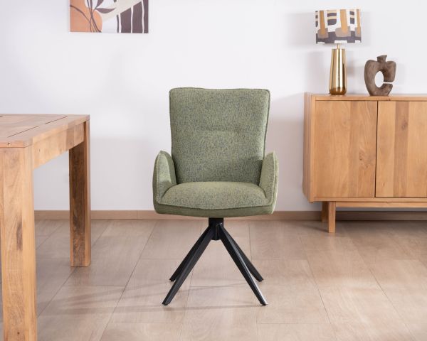 Lot de 2 chaises en tissu vert doux "Eddy" avec accoudoirs et pied métal pivotant