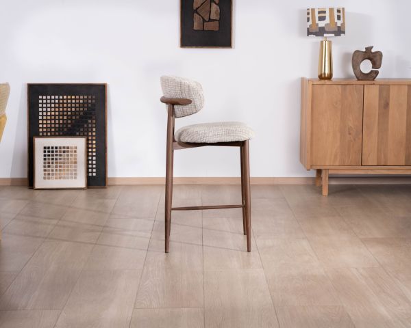 Lot de 2 chaises mi-hauteur rétro en tissu tramé beige et marron "Arpège" pieds métal aspect noyer