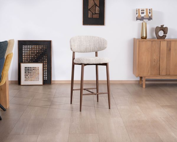 Lot de 2 chaises mi-hauteur rétro en tissu tramé beige et marron "Arpège" pieds métal aspect noyer