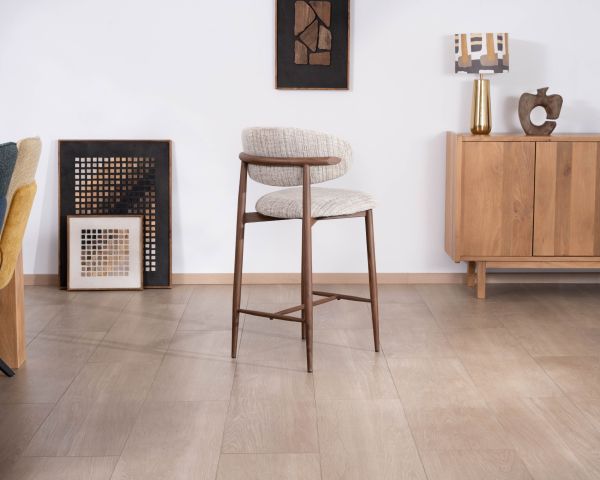 Lot de 2 chaises mi-hauteur rétro en tissu tramé beige et marron "Arpège" pieds métal aspect noyer