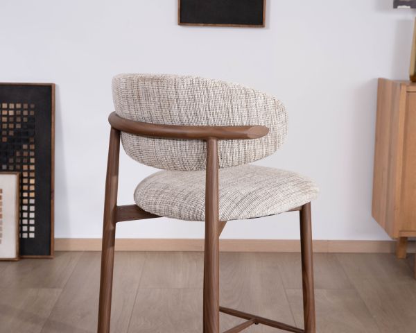 Lot de 2 chaises mi-hauteur rétro en tissu tramé beige et marron "Arpège" pieds métal aspect noyer
