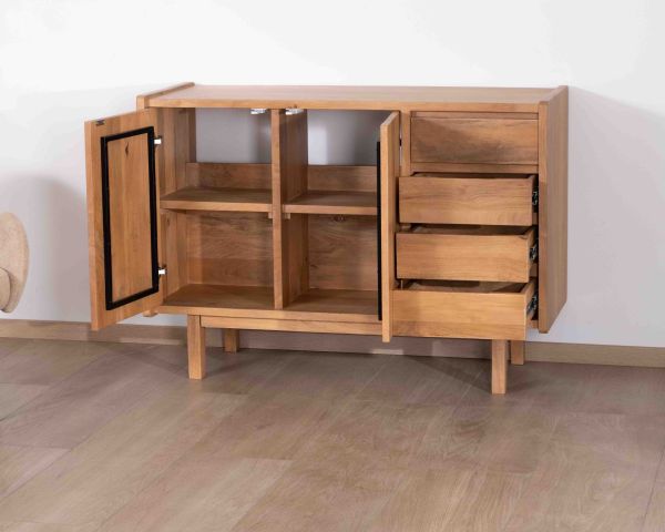 Meuble sous vasque 120 cm avec portes et tiroirs "Kahiko" en manguier teinte chêne clair