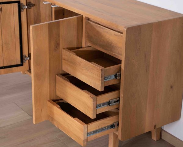 Meuble sous vasque 120 cm avec portes et tiroirs "Kahiko" en manguier teinte chêne clair