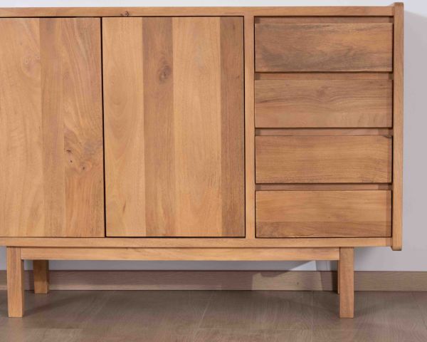 Meuble sous vasque 120 cm avec portes et tiroirs "Kahiko" en manguier teinte chêne clair