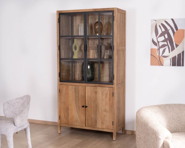 Vaisselier en manguier naturel et portes vitrées "Maestro" 100 cm
