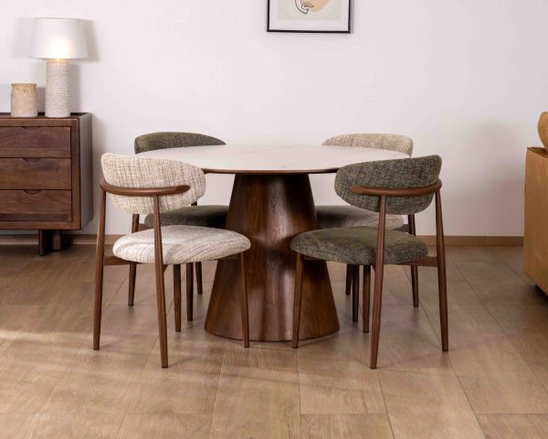 Table de repas ronde 120 cm plateau céramique blanc effet marbre "Oria" piètement aspect noyer
