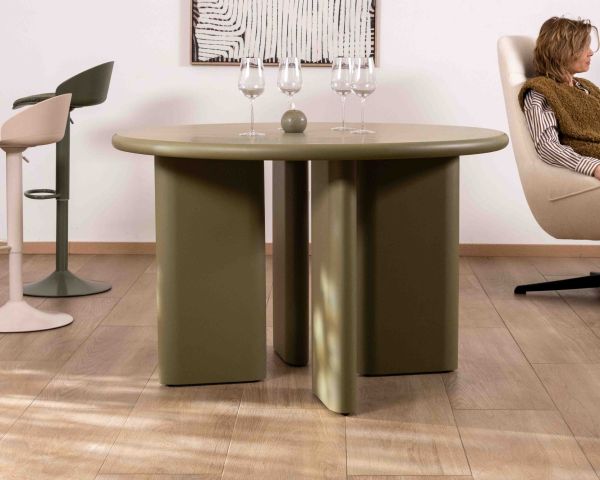 Table de repas ronde coloris vert sauge "Odyna" 120 cm piètement sculptural
