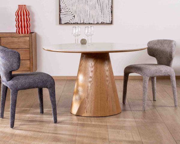 Table ronde 120 cm plateau céramique blanc effet marbre "Oria" piètement aspect chêne