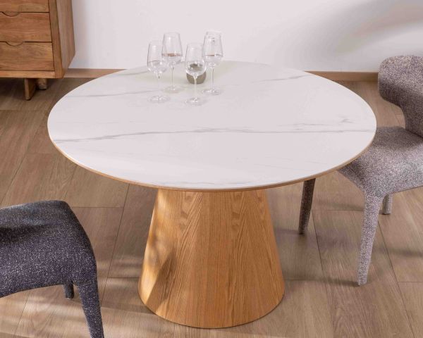Table ronde 120 cm plateau céramique blanc effet marbre "Oria" piètement aspect chêne