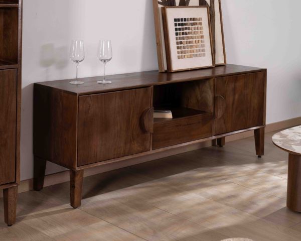 Meuble TV néo-rétro en manguier massif foncé 150 cm "Kaldo"