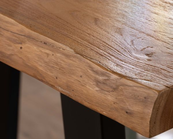 Table haute style atelier en teck recyclé massif “Lasia” avec piètement métal noir en U